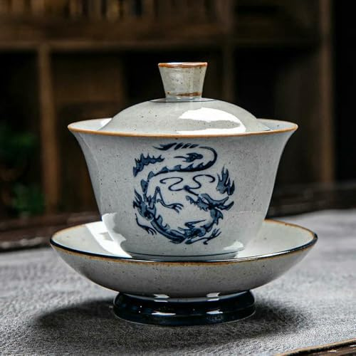 MEIFULLE Gaiwan Vintage Pintado a Mano con leña, Cuenco Ceremonial de cerámica Azul y Blanca, Juego de té Kung Fu, Tapa de gres para Preparar té, sopera