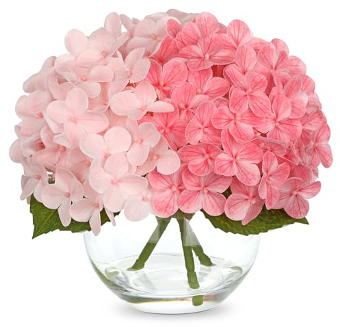 Briful Hydrangea Artificial Flowers in Vase - 7 Real Touch Hydrangea Fake Flowers in Glass Vase with Faux Water - Pink Artificial Flower Arrangement for Wedding Centerpieces Home Decoration