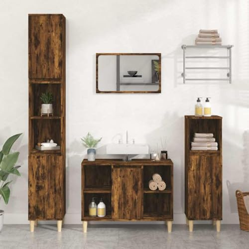 Armadietto per lavandino, 80 x 33 x 60 cm, in legno con 5 scomparti e porta, resistente all'umidità, per piccoli bagni