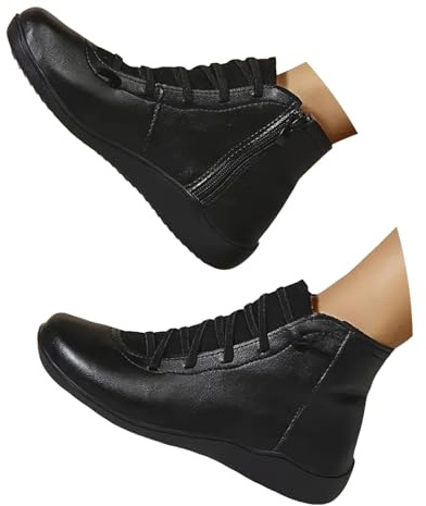 Chaussure Femme Confort, Bottines Femme Cuir Plates Noir, Chaussure Bottine Femmes Hiver Confort Chic Chaussures Élégant Pieds Larges Confortables Boots À Lacets Tête Ronde avec Fermeture Eclair 41