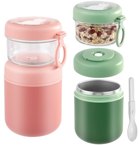 Aevcvok Set di 2 Porta Yogurt e Cereali 500ml+320ml,Vasetti di Yogurt Cereali a Doppio Strato,Overnight Oats Jars con Coperchio e Cucchiaio,Portatile Meal Prep Contenitore Porta Avena(Rosa+Verde)
