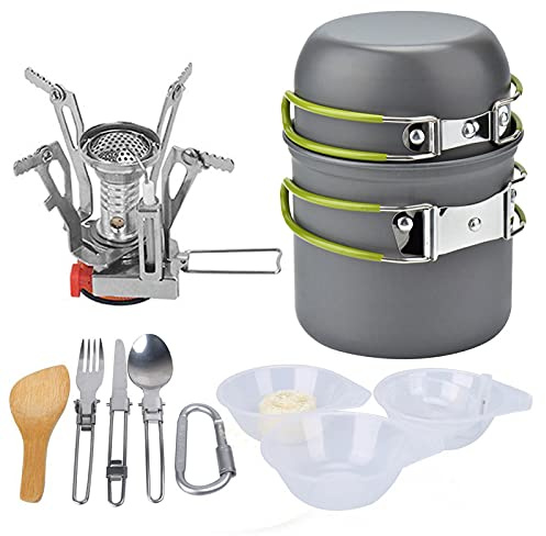 Set di pentole da campeggio portatile con stufa pieghevole in lega di alluminio e posate in acciaio inox per picnic all'aperto, escursionismo, zaino in spalla e pesca
