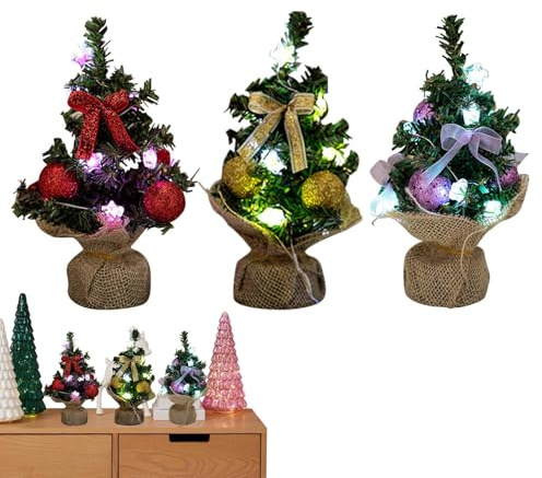 Pequeños Árboles De Navidad con Luces, 3 Piezas De Centro De Mesa con Plantas, con Base De Arpillera Árbol De Navidad Luminoso, para Interior Mesa De Noche Estantería Fiesta Vacaciones Festival De