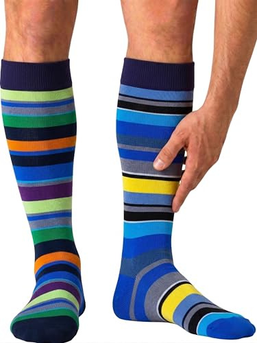 o-day Calze Filo di Scozia Uomo Lunghe Fantasia a Righe Colorate Set da 2 Paia Altezza Ginocchio Traspiranti Made in Italy (IT, Numero, 39, 42, Regular, Regular, Righe - Colore 3)