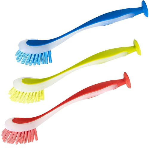 3Pcs Dish Brush, Long Handled Scrubbing Brush Set, Durable Bristles Dish Brush for Pots and Pans, Washing Up Brushes with Suction Cup Holder, Kitchen Utensil Cleaning Brush