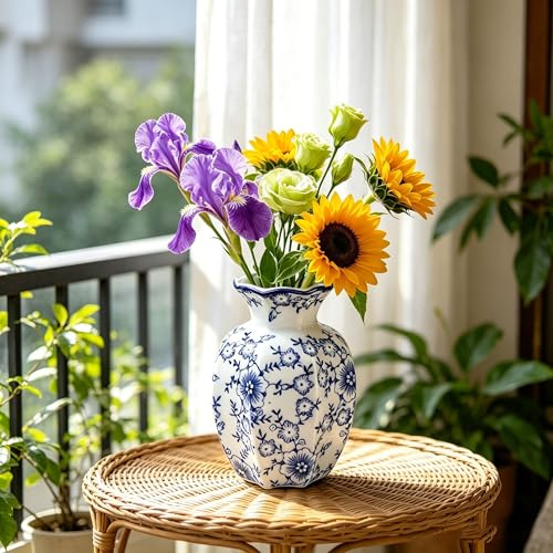 Ceramic Vase - 15cm Small Rustic Vases for Flowers Blue and White Chinoiserie Ceramic Vases with Hand-Painted Plum Floral Boho Vases for Home Decor Wedding Dinner Table Office Bedroom
