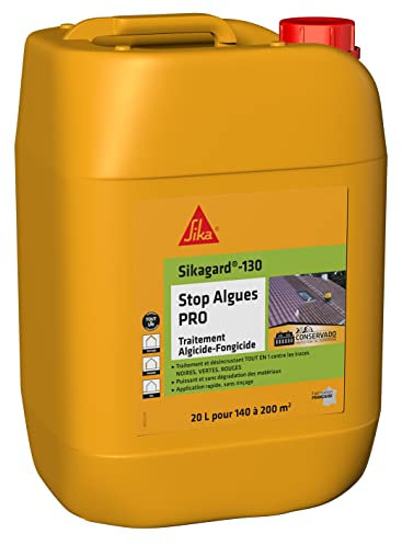 SIKA - Traitement algicide et fongicide - Sikagard 130 Stop Algues Pro - Formule professionnelle - Prête à l'emploi - Anti-algues vertes/rouges et résidus noirs pour Mur/Façade/Toiture/Terrasse - 20L