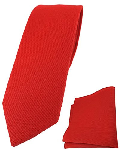 TigerTie schmale Designer Krawatte + Einstecktuch aus 100% Baumwolle in rot verkehrsrot einfarbig Unicolor