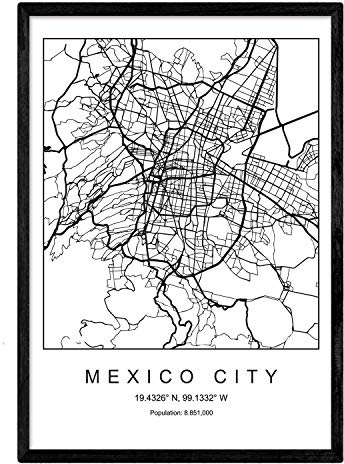 Nacnic Lámina mapa de la ciudad Mexico city estilo nordico en blanco y negro. Poster tamaño A3 Enmarcado con marco negro Impreso papel 250 gr. Cuadros, láminas y posters para salon y dormitorio