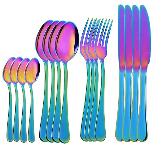 OBR KING Couverts de Table Set de Couvert INOX 16 pièces avec Couteau, Fourchette et cuillères, Couleurs Arc-en-Ciel