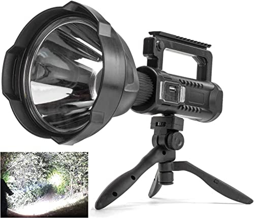 Linterna recargable de alto lúmenes, 900000 lúmenes, luz de búsqueda LED superbrillante con trípode y salida USB, IPX5 impermeable 4 modos de foco de mano para emergencias de camping
