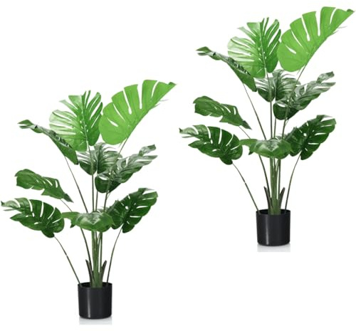 TANGZON Artificial Monstera Deliciosa Plant, Fake Swiss Cheese Plant in Pot with Cement & Moss, Indoor Outdoor Faux Potted Tree for Home Office Decoration (10 Leaves,120CM/4FT, Green, 2 Pack)