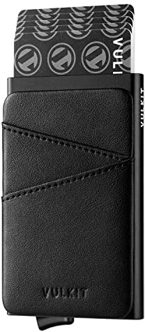 VULKIT Kartenetui Herren RFID Schutz mit Leder Fach Slim Pop Up Kreditkartenetui Metall Mini Geldbörse Herren für 5-9 Karten, Schwarz
