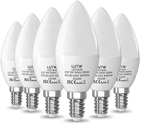 LUTW Lampadine LED E14 Luce Calda, 5W 3000K 545LM Lampadina LED Candela, Equivalenti a Incandescente da 40W, Lampadine a Vite C37 con Angolo di Apertura a 160°, Non Dimmerabile, Confezione da 6
