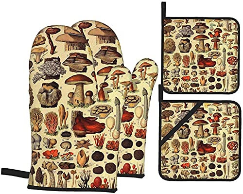 Pilz-Vintage-Kunstdruck-Ofenhandschuhe und Topflappen-Sets mit 4 Stück, widerstandsfähige Hot Pads, rutschfeste Grillhandschuhe für Küche, Kochen