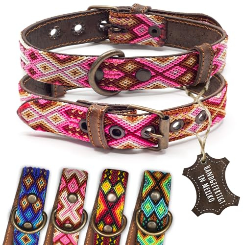 ALTEZAR Hundehalsband Leder - braunes Rindsleder Tribal Rosa/Pinkes durchgehend Bestickt - Handgemacht in Mexiko Lederhalsband Hund - Größe S - für kleine Hunde