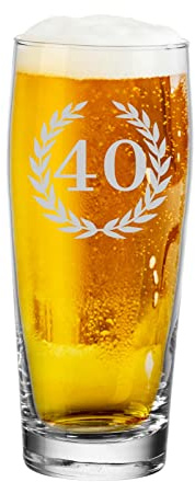 LUXENTU Willi Becher mit Gravur, Lorbeerkranz 40. Jahren, 0,5 l | Personalisiertes Bierglas, Geschenk zum Geburtstag für Bierliebhaber, Spülmaschinengeeignet