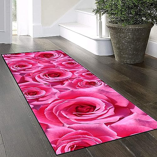 Yinghesheng Teppich Läufer Flur Küche Rosa Rosen rutschfest Küchenläufer 40x200cm Flurläufer 3D Muster Lange Teppichläufer Kücheläufer für Korridor Schlafzimmer Wohnzimmer,Rosa