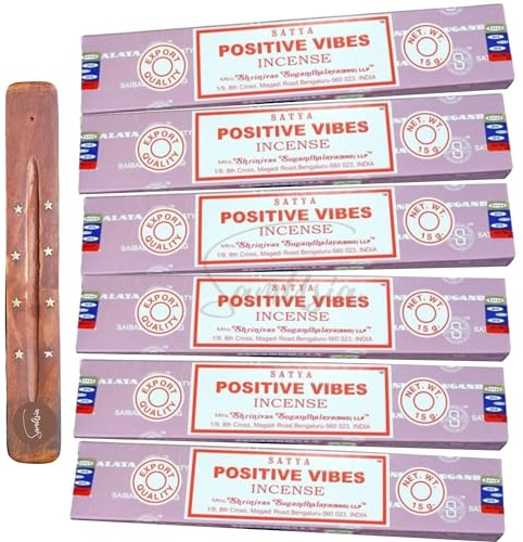 Satya Nag Champa Positive Vibes Incense Sticks | x6 pack | with SAMASIA incense sticks holder | Used for Aromatherapy, Spa, Yoga, Weddings, Meditation, Healing, Positivity and Relaxation