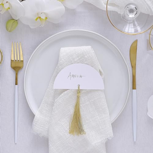 Ginger RayWeiß strukturierte Tischkartenhalter mit goldenen Quasten, Tischdekoration für Hochzeiten, 6er-Pack