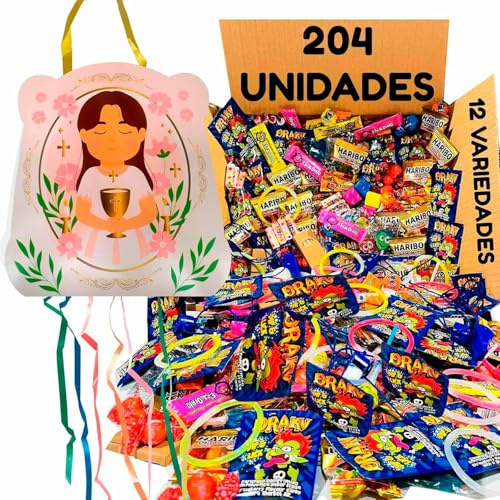 Deliex - Piñata para comunión con chuches de relleno incluido - 204 chuches para comuniones ifantiles para niños y niñas. (Comunión niña 204 relleno)