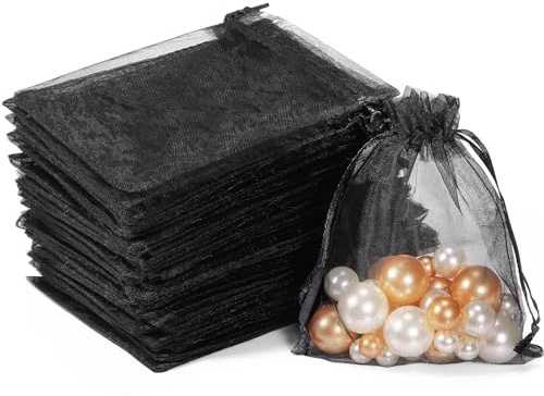 FACATH 100 Stück Organzasäckchen 7x9 cm, Säckchen zum Befüllen, Organzabeutel mit Kordelzug für Schmuckbeutel, Hochzeit-Säckchen, Kinder Geschenkbeutel mit, Festivalparty (Schwarz)