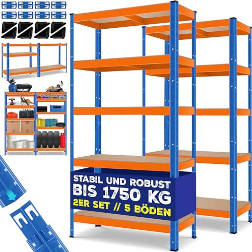 MASKO® - 2 estanterías de almacenamiento para cargas pesadas, 180 x 90 x 40 cm, hasta 875 kg, 5 estantes ajustables, tablero MDF y metal, ensamblable, para taller, sótano, garaje, naranja, azul