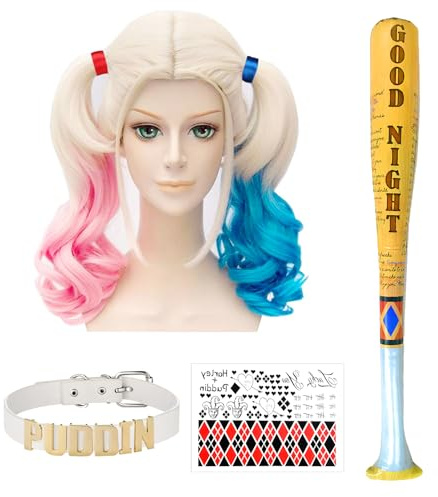 Cosplay Perücken Rosa und Blau Perücke mit Zwei Pferdeschwänzen | Aufblasbarer Baseballschläger, Verstellbar Halskette, Kostüm Accessoires, für Karneval Halloween Fasching Kostüme Party