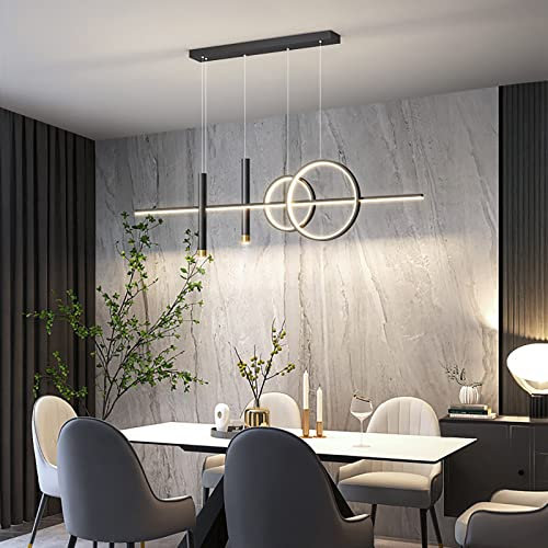 Dimmbare lineare LED Kronleuchter für Esszimmer Wohnzimmer Einstellbare Hängende Leuchte Moderne LED Pendelleuchte für Kücheninsel mit Spotlight-Schwarz 120cm / 47