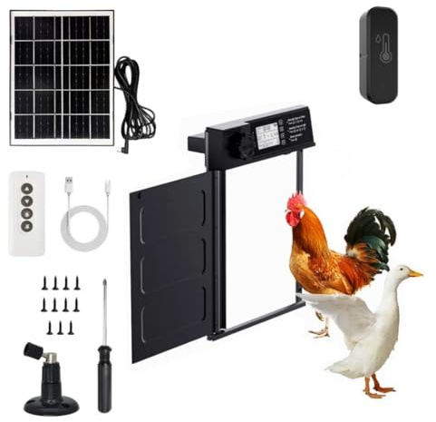 Porta automatica pollaio solare con batteria 5000mAh e telecomando, porta pollaio automatica in alluminio, 7 modalità di apertura, IP45, sicuro con allarme, termometro/igrometro collegato incluso