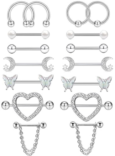 Hernin 8 Paar 14G Nippelpiercing Chirurgenstahl für Damen Brustwarzenpiercing Set Edelstahl Nippel Piercing Herz Piercing Körperschmuck für Frauen Mädchen