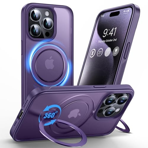 Anqrp 360° ALL-in-ONE Stand Case for iPhone 15 Pro Case with Rotatable Magnetic KickStand Ring Holder, Compatible with MagSafe, Shockproof Translucent Matte Phone Cover for iPhone 15 Pro, Purple