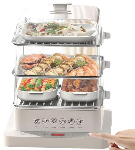 Electric Steamer with 3 Tiers, 40L Capacity Home Food Steamer for Cooking, 800W Touch Screen, 12-Hour Appointment, 6 Cooking Modes, for Veggies, Meats, Fish