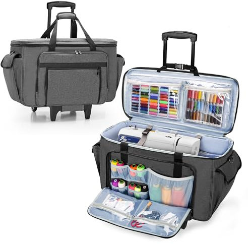 CURMIO Nähmaschinentasche mit Abnehmbarem Trolley, Rollende Stickmaschine Tasche mit Bodenträgerplatte für Näh- und Stickmaschine, Grau