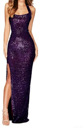 Aprilsunnyzone Robe à paillettes dos nu sans manches avec fente pour femme, robe de soirée, robe de cocktail, robe de cocktail, mariage (XXL violet)