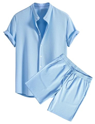 Dmmtot Conjunto de 2 piezas de verano para hombre, pantalones cortos y camisas acanaladas con botones, camisas de manga corta, cintura elástica, pantalones cortos con cordón y bolsillos, elegante,