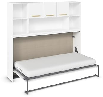 Rauch Möbel ALBERO, Bett, Farbe Weiß, Griffe Eiche massiv, Maße 214x197x44 | Querklappbett, Schrankbett mit Bettüberbau, Regal und Lattenrost, Liegefläche 90x200 cm, für Gästezimmer, Studentenwohnung