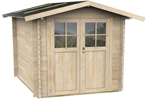 Gartenhaus Bh25 Opera 215x180 aus unbehandeltem Fichtenholz 25 mm mit Doppeltür und Fenster, Nut-und-Feder-Dach und -Boden, Fundamentbalken, einfacher Aufbau, PEFC-Zertifiziert
