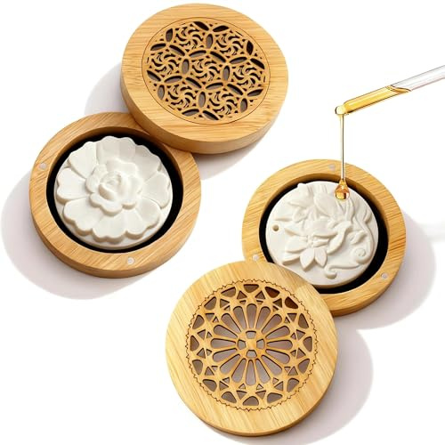 PHMING 2er Set Duftsteine für Ätherische Öle, Diffuser Ornament Duftstein | mit Hölzerner Räucherkiste, Diffuser Ätherische Öle Klein für Badezimmer, Schlafzimmer, Büro & Auto