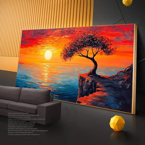 TONGYINLI Natürliche Landschaftstextur-Kunstplakat, Meer, Sonnenuntergang, Klippe, einsamer Baum, ästhetischer Leinwanddruck, Gemälde, Wohnzimmer, Wohnkultur, 50 x 100 cm, Rahmen