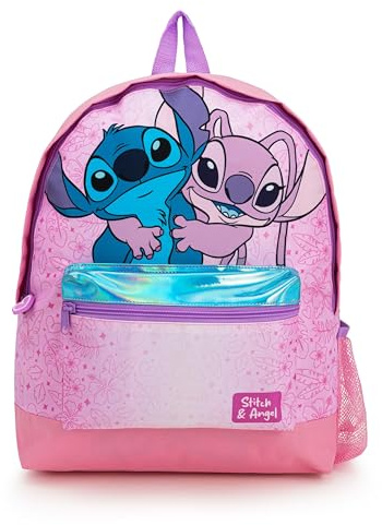 Disney Lilo & Stitch Girls Backpack – Pink School Rucksack for Girls Aged 5–12 – Metallic Front Pocket & Water Bottle Holder – Lightweight School Bag