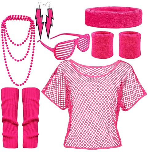 pclapora 80-tals 90-tals outfit dam, 80-tals outfit dam, retro träningsoverall kostym, retro party tillbehör, med nätskjorta pannband örhänge halsband glasögon, för karneval halloween