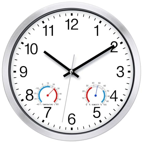 KIZLOC 30 cm Wanduhr Outdoor wetterfest mit Temperaturanzeige und Feuchtigkeitsmesser, Gartenuhr ohne Tickgeräusche lautlos, Quarz batteriebetriebene große Uhr für Garten, Terrasse, Badezimmer (Weiß)