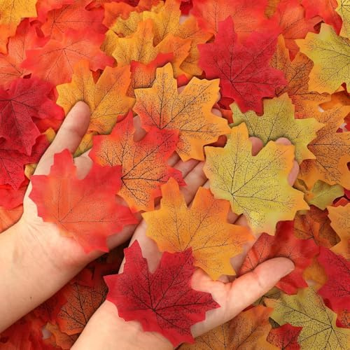 SOPSTUO Autumn Leaves - 300Pcs Autumn Decorations Fake Leaves, Mixed 6 Fall Colored Artificial Maple Leaves for Fall Weddings DIY Crafts Art Scrapbooking Thanksgiving Decorations
