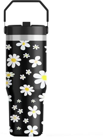FOLAI Leakproof Flip Water Tumbler,30oz Stainless Steel Hot and Cold Water Bottle with Ergonomic Handle and Straw Keeps Cold for 12+ Hours,Ideal for Gym,Car-Easy to Carry Travel Mug（Daisy Delight）