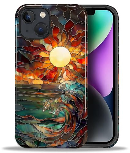 Flivro Case for iPhone 14 iPhone 13, 2 in 1 PC Hard Shell Silicone Inner Bumper Anti-Scratch Full-Body Cover Shockproof Slim Design Stained Glass Sun Waves