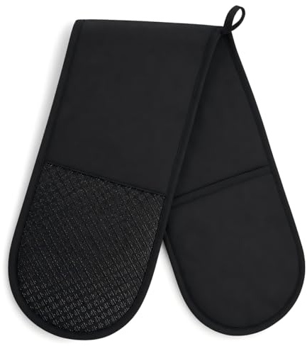 Tharvolex Double Oven Gloves,Heat Resistant Oven Mitts, Silicone Non-slip Double Handed Gloves, 260°C/500°F Safe, Cotton Pot Holder, 84 x18cm, Black Kitchen Accessories