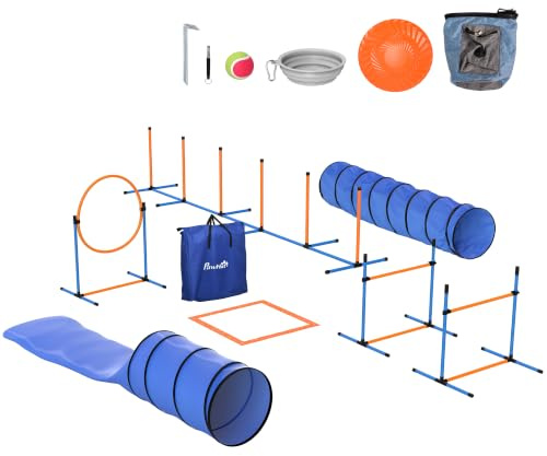PawHut 11-teiliges Set Agility-Ausrüstung für Hunde Höhenverstellbar | 2 Tunnel, Sprungring & Hürden, Slalomstangen, Pause-Box, Tragetasche, Ball, Steckhürdenset, für Hundetraining