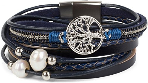 styleBREAKER Damen Wickelarmband Perlen Lebensbaum Magnet | 2-Reihig. Länge 38.5cm. Breite 1.6cm. Amulett Anhänger. weiche Haptik. edler Schmuck. einfache Schließung.