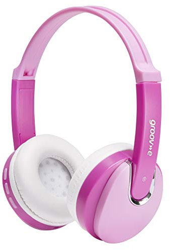 Groov-e Bluetooth DJ Style Wireless On-Ear Headphones for Kids with 7.5 Hours Playback, Soft Earpads, Hands-Free Mic and Audio-Sharing Port - Pink